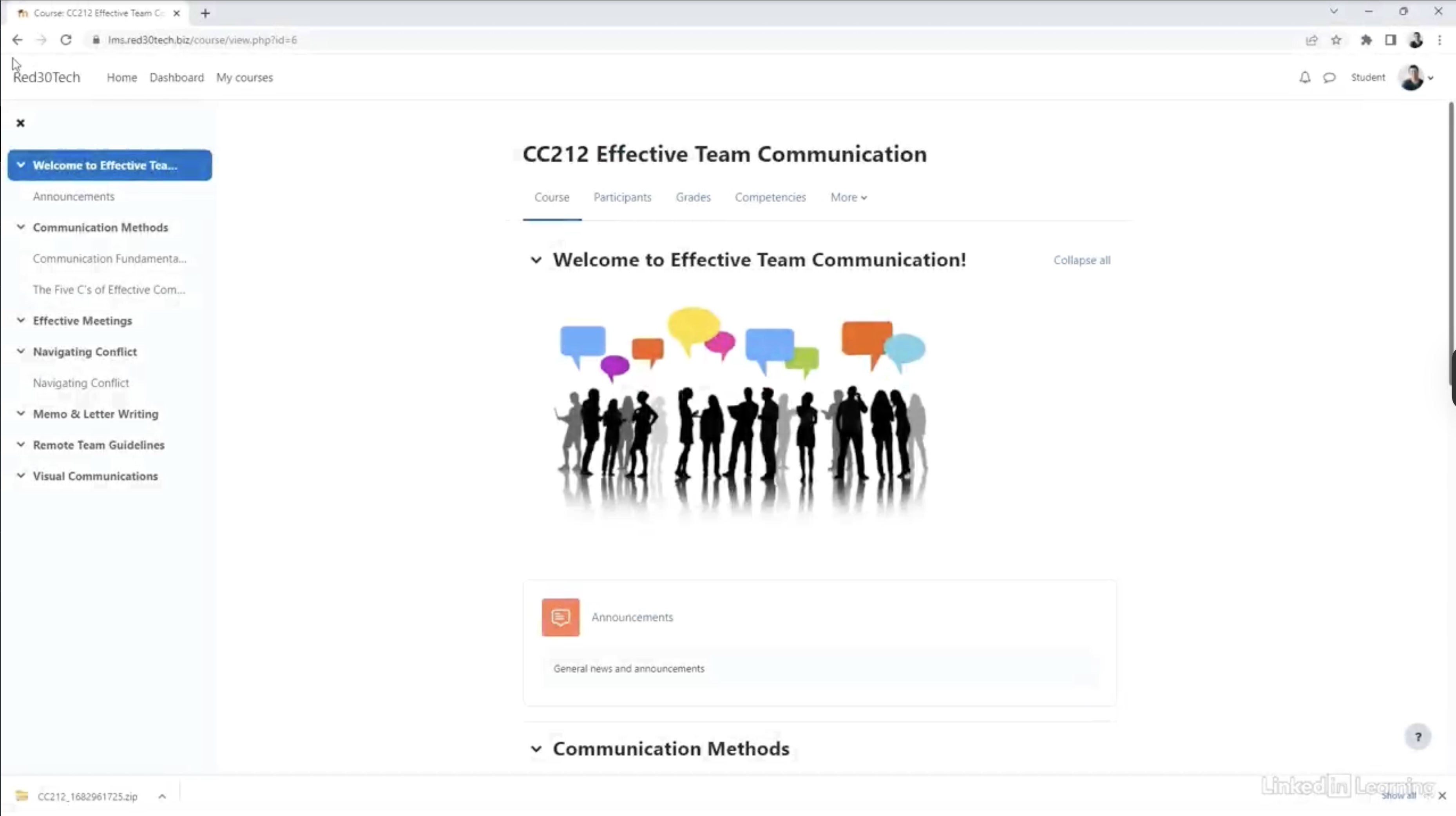 LinkedIn Learning showing basic Moodle navigation with the left-most navigation open for CC212 Effective Communication.